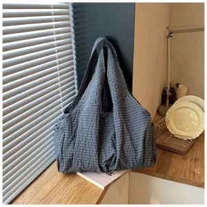 Bolso tote casual de cuadros gris oscuro para mujer, bolso de hombro de gran capacidad.