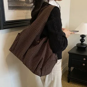 Bolso tote de cuadros marrones, bolso de hombro grande para mujer, estilo casual diario.