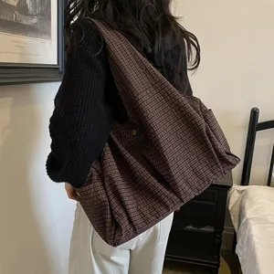 Bolso de hombro informal de lona a cuadros marrones para mujer, gran capacidad para diario.