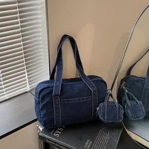 Retro denim tote bag for women, stylish casual shoulder bag with mini coin purse detail.