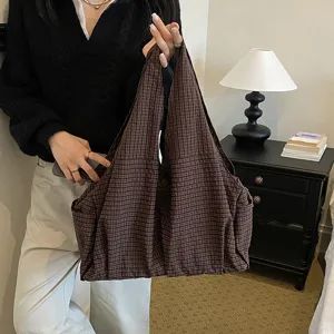 Bolso tote de lona a cuadros marrones, bolso de hombro informal de gran capacidad para trabajo y uso.