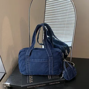 Retro denim handbag for women, casual vintage boston shoulder bag with cute coin purse charm.