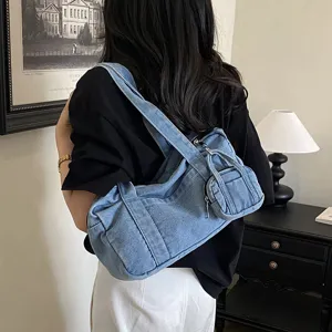 Women vintage denim shoulder bag casual versatile handbag with mini pouch pendant stylish