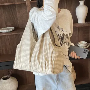 Bolso de hombro de lona a rayas casual gran capacidad bolso tote para uso diario.