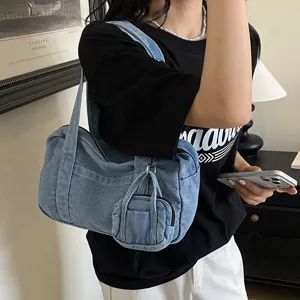 Retro denim shoulder bag for women, casual handbag with mini pouch, versatile daily fashion style.