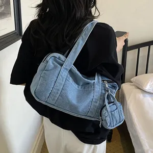 Retro denim shoulder bag for women fashion casual handbag with mini pouch versatile chic