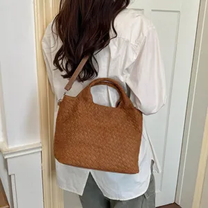 Bolso tote tejido marrón, elegante bolso de hombro, gran capacidad bolso de moda diaria.