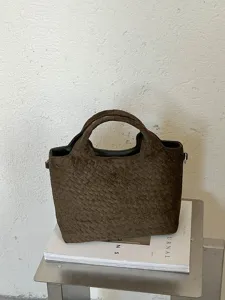 Bolso tote marrón tejido clásico, elegante bolso de hombro de gran capacidad para mujer.