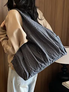 Bolso tote de hombro a cuadros de gran capacidad para mujer, bolso casual de estudiante.