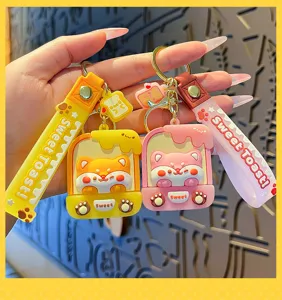 Cute cartoon shiba inu toast keychain detail, lovely silicone bag pendant for women and car.