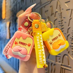 Cute Shiba Inu Toast Keychain Cartoon Soft Rubber Key Ring Bag Pendant Car Key Accessories Gift For Women