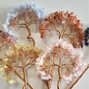 Vue détaillée d'arbres en fil de cuivre faits main avec des pierres de cristal colorées.