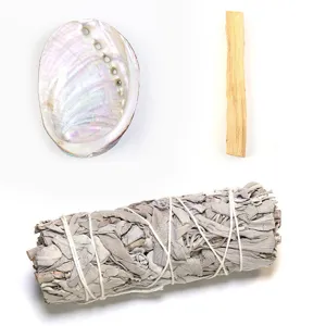 Natürliches weißes Salbei-Räucherbündel mit Palo Santo Stick und Abalone-Muschel Set