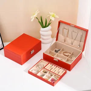 Große orangefarbene Schmuckschatulle aus Leder mit Schloss und Doppelschicht-Design