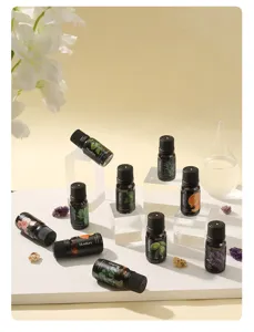 Detailansicht verschiedener botanischer ätherischer Öle auf klaren Acrylblöcken