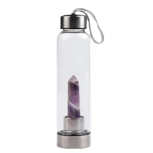 Natural amethyst crystal column infuser glass water bottle with silver carry loop