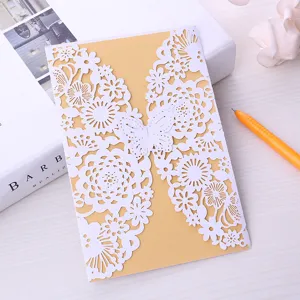 Tarjeta de Invitación Estilo Europeo Corte Láser Mariposa Floral Papel Perlado Boda Cumpleaños Fiesta Sobre con Hoja Interior