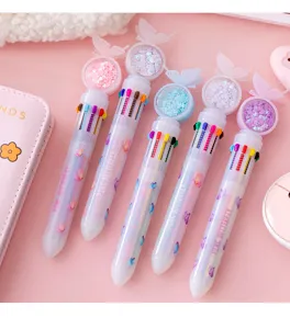 Cute 10-color ballpoint pen with glitter butterfly cap, colorful student stationery gift.