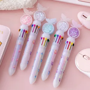 Cartoon Multi Color Ballpoint Pen 10 Color Cute Butterfly Cat Rabbit Quicksand Sequins Student Writing Stationery Gift