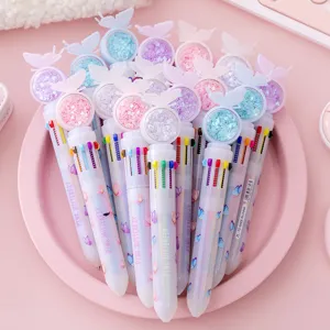 10-color multi-color ballpoint pens with cute liquid butterfly top, creative student stationery gifts.