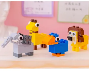 Mini animal building block pencil sharpener detail shot, colorful plastic toy stationery for kids.