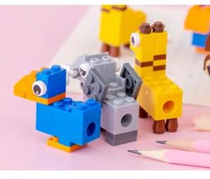 Detailed view of cute building block animal pencil sharpeners, fun stationery gift for kids.