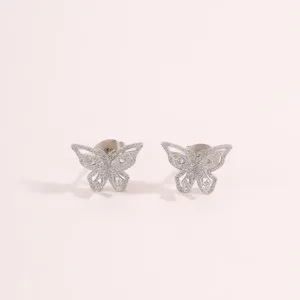 Silver stainless steel butterfly stud earrings for women, sparkling textured minimalist chic style.