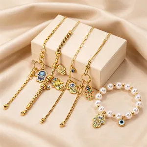 Stainless Steel Gold Hamsa Hand Evil Eye Bracelet For Women Turkish Lucky Fatima Hand Pendant Chain Bracelet Artificial Pearl Rhinestone Inlaid Jewelry