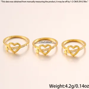 Detailed view of 18k gold plated stainless steel heart rhinestone ring with size and weight info.
