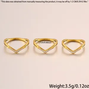 Detailed view of V-shaped gold plated ring with sparkling cubic zirconia crystals.