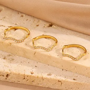18K Gold Plated Wave Crown Zircon Ring Set Elegant Minimalist Titanium Steel Jewelry for Women