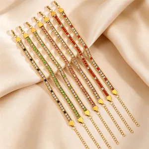 Titanium steel colorful zircon bracelet for women, trendy multi-color rhinestone chain jewelry.