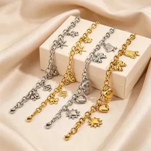 Vintage multi-element stainless steel charm bracelet set for women, 18k gold plated chic fashion jewelry.