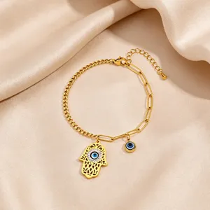 Gold stainless steel hamsa hand bracelet with evil eye charm for women daily fashion jewelry