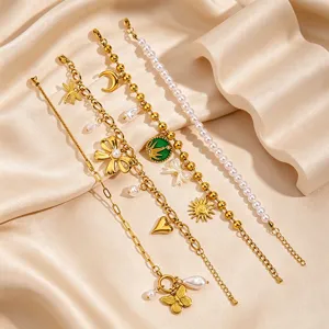 Vintage multi-element gold plated titanium steel pearl bracelet set for women detail view.