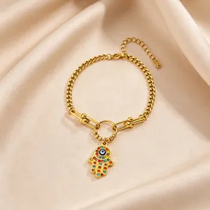Gold Stainless Steel Hamsa Hand Evil Eye Charm Bracelet Women Trendy Jewelry Gift