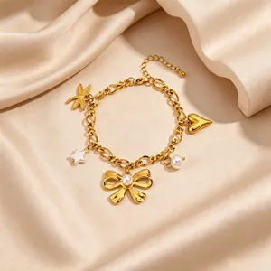 Gold-plated titanium steel charm bracelet featuring bow, pearl, star, and heart pendants.