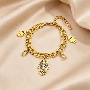 Stainless steel double layer gold Hamsa hand evil eye bracelet for women fashion jewelry detail view