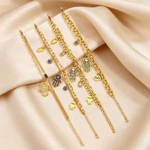 Gold stainless steel hamsa hand evil eye charm multi-layer bracelet fashion jewelry.