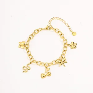 Gold plated stainless steel multi charm bracelet with butterfly, snake, cherry and flower pendants.