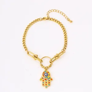 Gold stainless steel hamsa hand evil eye charm bracelet for women fashion jewelry item