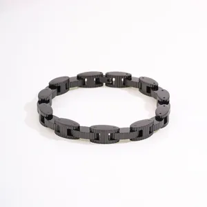 Black titanium steel chain bracelet for men, stylish mechanical gear link design jewelry piece.