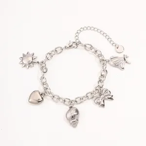 Retro multi-element charm bracelet for women, stainless steel silver chain with cute pendants.