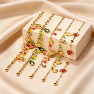Pastoral Style Stainless Steel Fruit Pendant Bracelet For Women 18K Gold Plated Titanium Steel Strawberry Apple Cherry Avocado Charms Rhinestone Bracelet Jewelry Gift