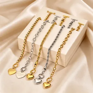 Stainless steel heart pendant OT toggle chain bracelet for women, minimal chic style.