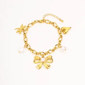 18k gold plated titanium steel multi-element charm bracelet with bow pearl star heart