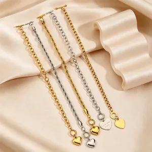 Stainless steel heart pendant OT clasp bracelet set, trendy minimalist titanium steel jewelry.