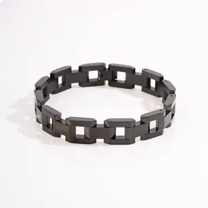 Black titanium steel link bracelet for men, geometric chain design, stylish hip-hop jewelry.
