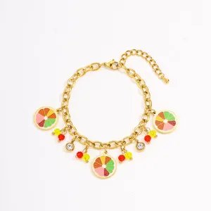 Stainless steel fruit charm bracelet with colorful enamel citrus slices and crystal beads.