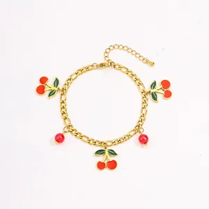 Stainless steel gold plated cherry charm bracelet for women cute fruit jewelry accessory.